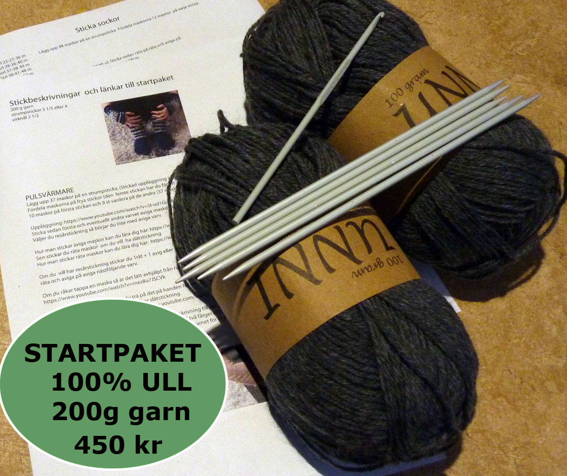 Startpaket i 100% rent yllegarn med stickor, virknl och beskrivning till pulsvrmare och sockor